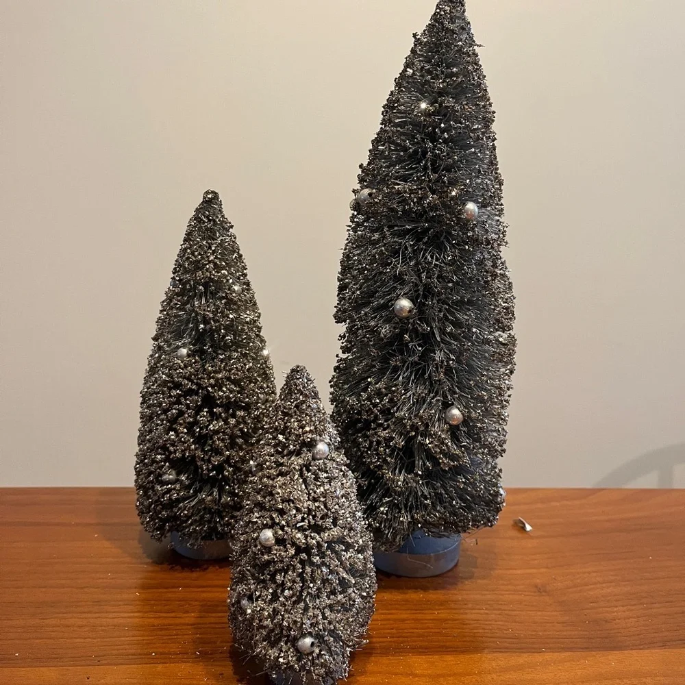 Vintage Silver Glitter Bottlebrush Tree Set of 3